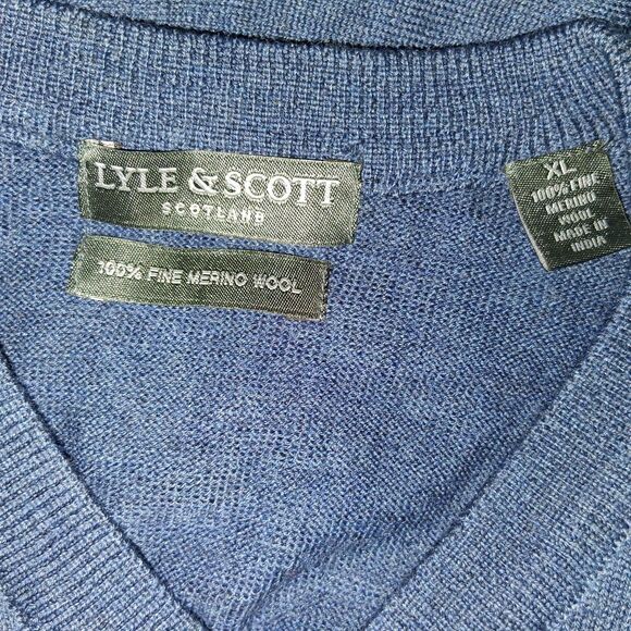 Lyle and Scott Mens 100% Merino Wool Sweater XL Blue Argyle Classic Golf Preppy - Picture 3 of 7